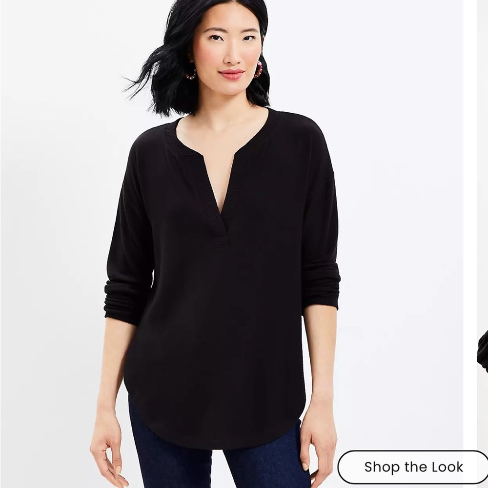 NEW NWT Loft Rib Trim Cozy Split Neck Tunic Top Color: Black L (9)